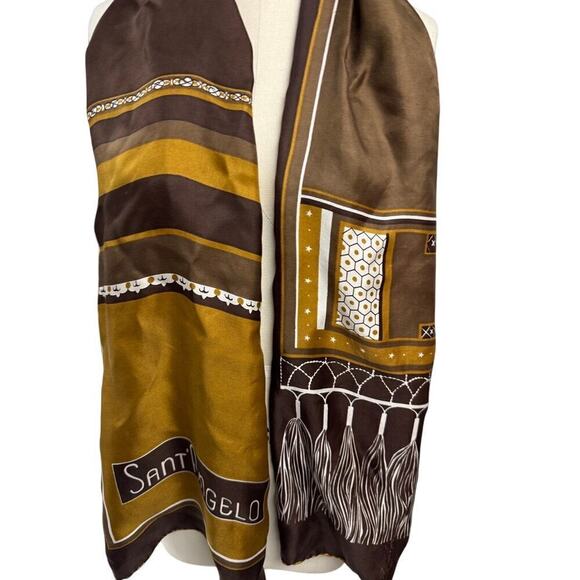 VTG Giorgio Di Sant' ANGELO Brown Gold Silk Scarf Fringe Print Oblong 70s Unisex - Picture 6 of 6